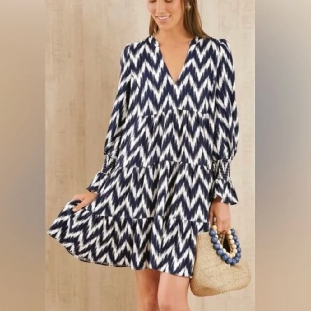 Pomander Place Kenzo Dress XS Navy Ikat Chevron Preppy Boho Coastal Tiered Mini
